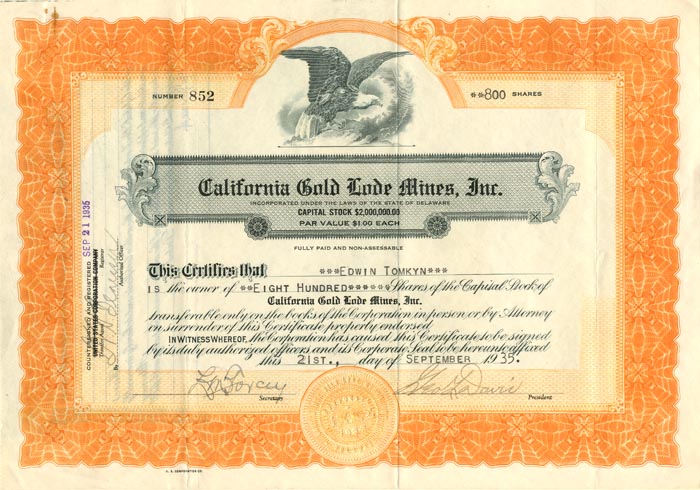 California Gold Lode Mines, Inc. - Stock Certificate